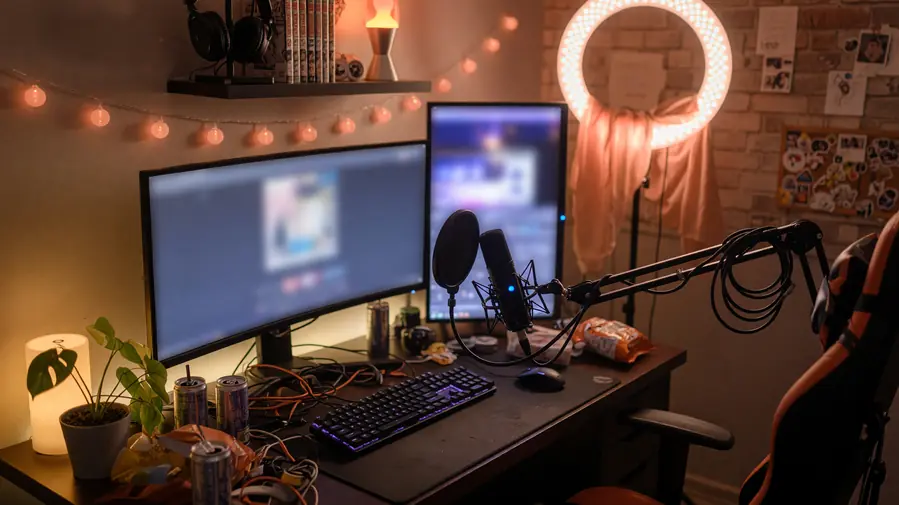 Tournament analyst at a desk with dual monitors displaying statistical sheets and desk lamp lighting