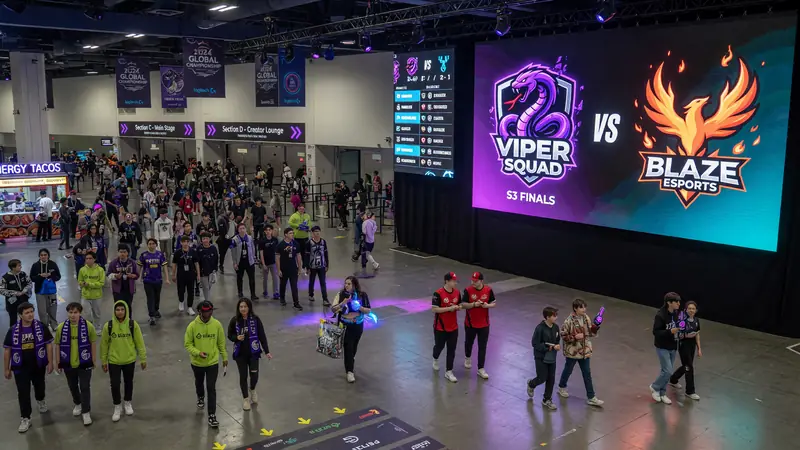 Packed competitive gaming arena crowd viewed from behind with concert lighting in blue and white