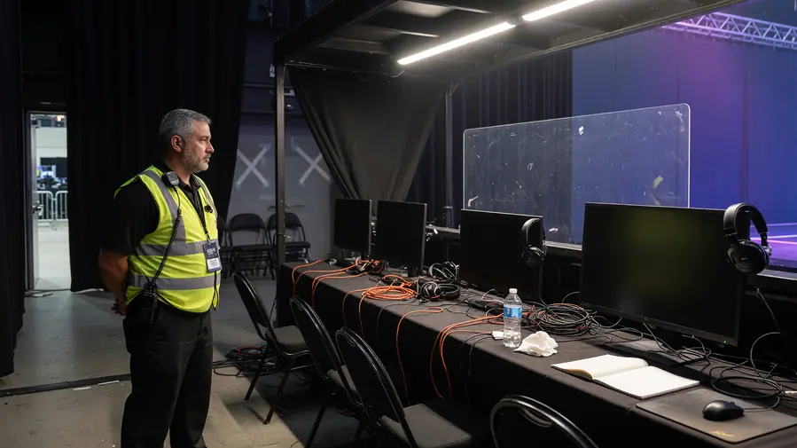 Tournament analyst at a desk with dual monitors displaying statistical sheets and desk lamp lighting