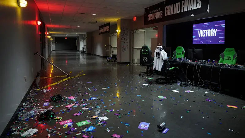 Editorial photograph of an empty professional esports arena stage