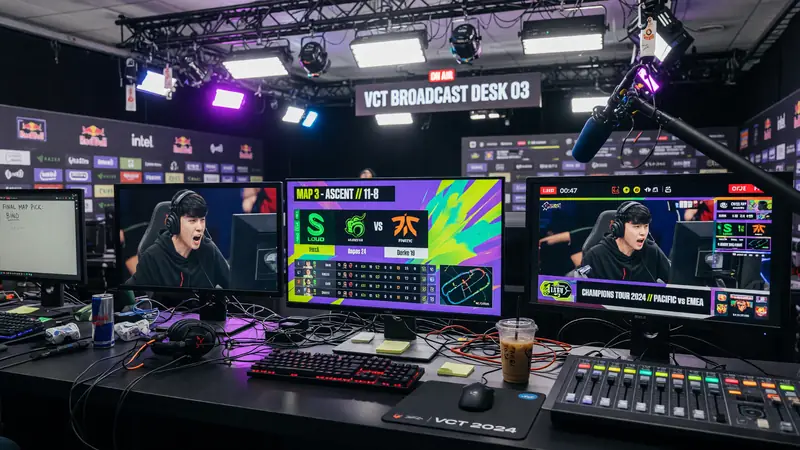 Tournament broadcast audio mixing board with soft blue LED lighting and out-of-focus microphone booms