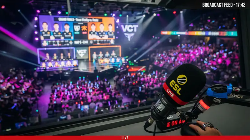 Editorial photograph of an empty professional esports arena stage with tiered seating and vertical LED trusses under warm tungsten light