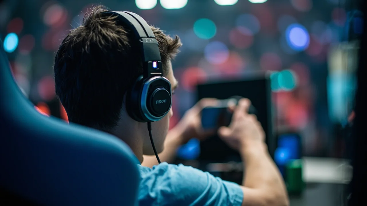Close editorial photograph of a tournament analyst at a desk pointing at a single screen, taken with shallow depth of field