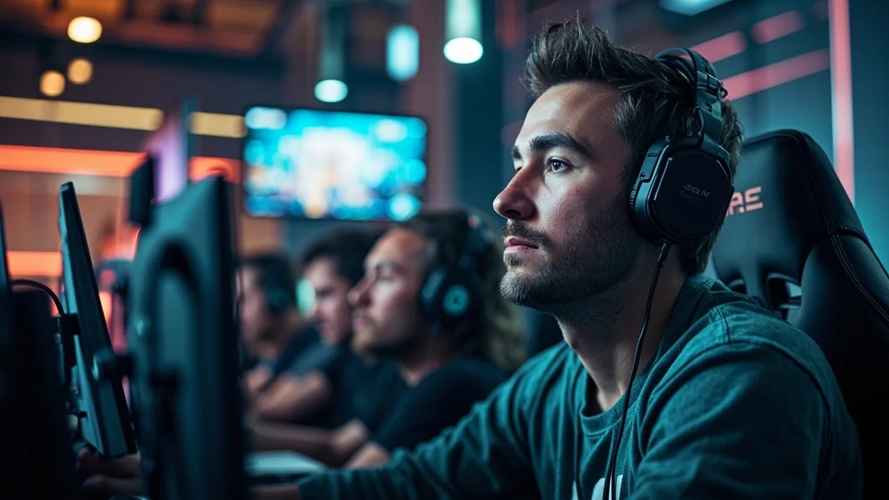 Wide editorial view of an esports tournament stage lit by cool broadcast lighting before a match begins