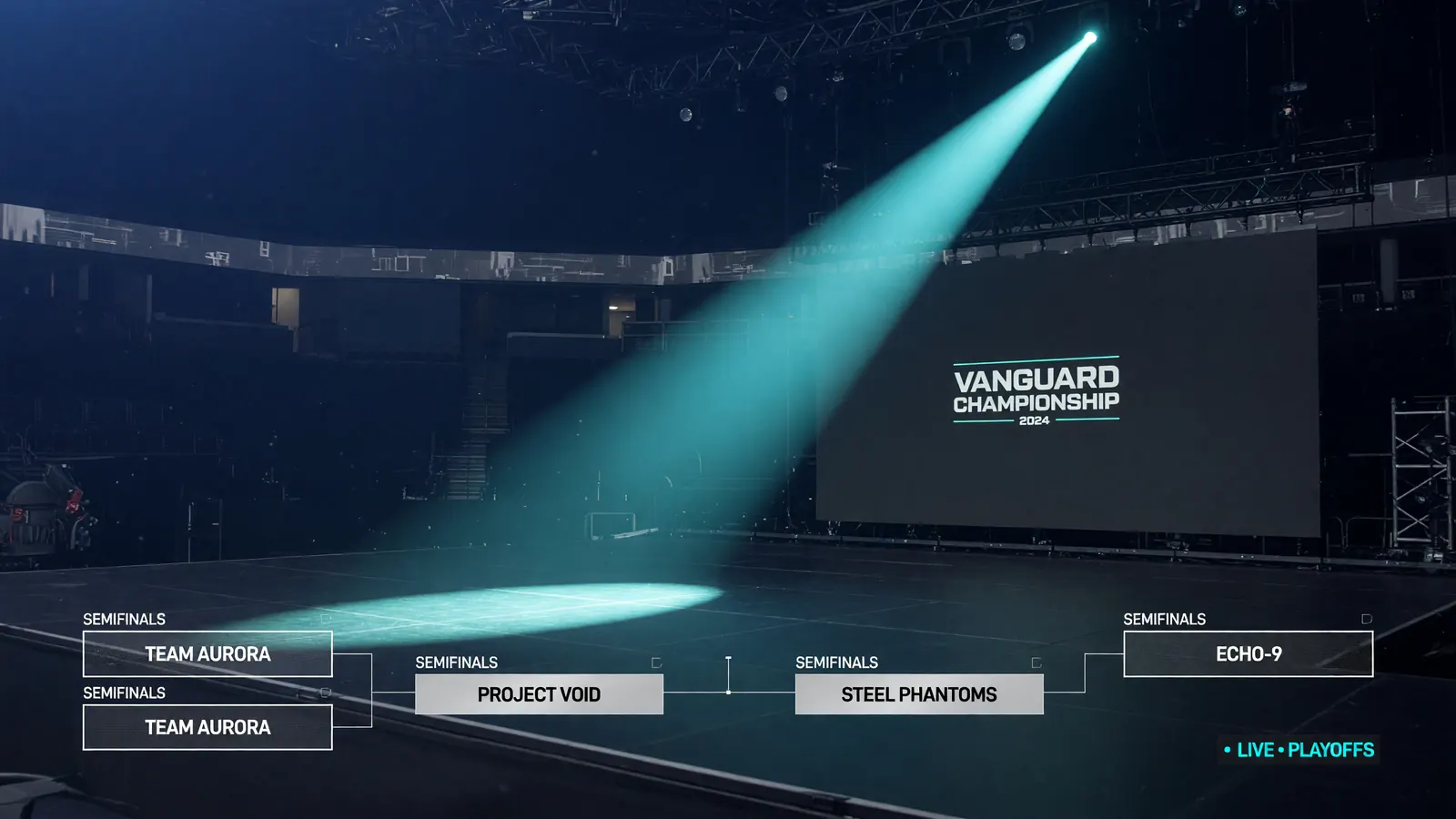 Editorial photograph of a professional esports broadcast arena stage with empty player booths and cool blue LED accent strips