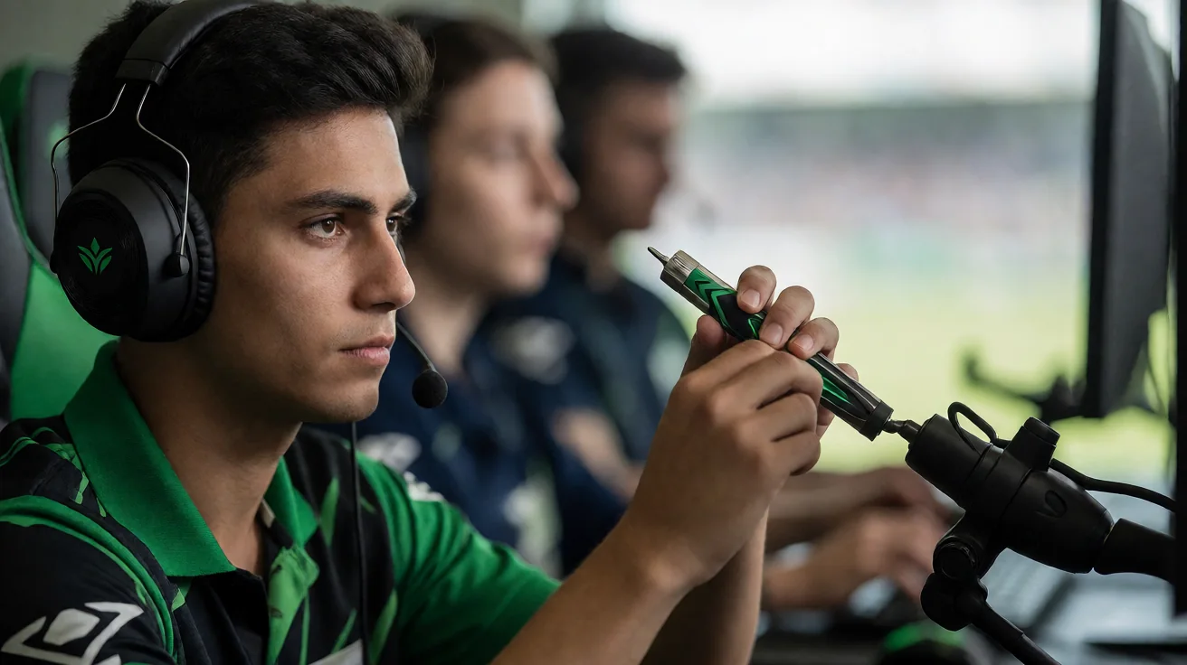 Close editorial frame of a tournament analyst pointing at a single screen during a post-match review