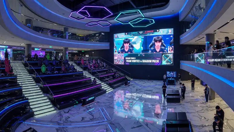 Packed competitive gaming arena crowd viewed from behind with concert lighting in blue and white