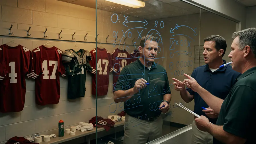 Coaching staff whiteboarding match strategy on a glass wall