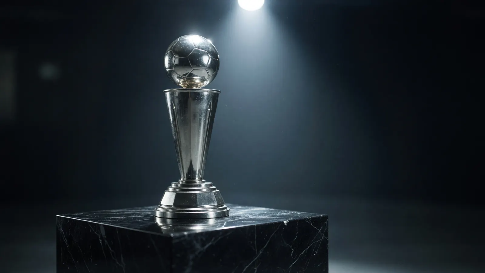 Silver tournament trophy on a black marble pedestal lit by a single overhead spotlight
